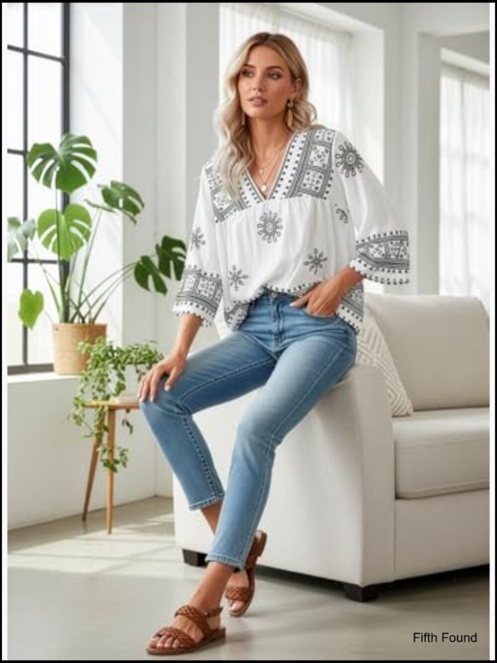 Womens Retro Print V Neck 3/4 Sleeve Boho Vacation Blouse Shirt - Picture 5 of 7